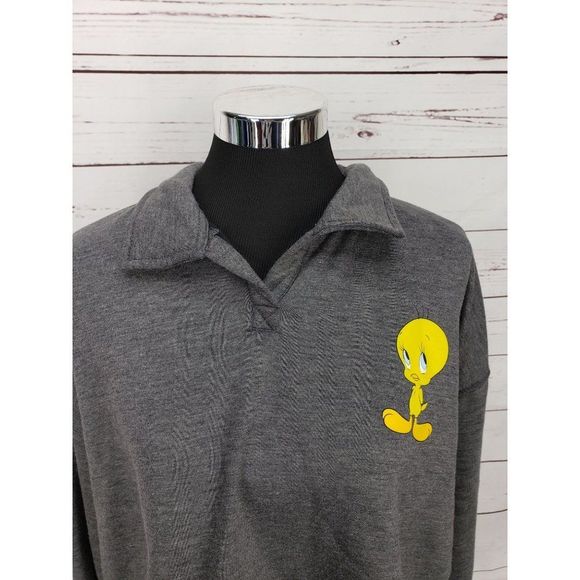 Looney Tunes Women's Gray Polo Pullover Long Sleeve Tweety Bird Shirt Size Small - Picture 5 of 7